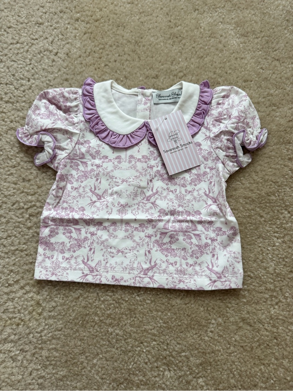 Savannah Lavender Toile Ruffle Collar Short Sleeve Top